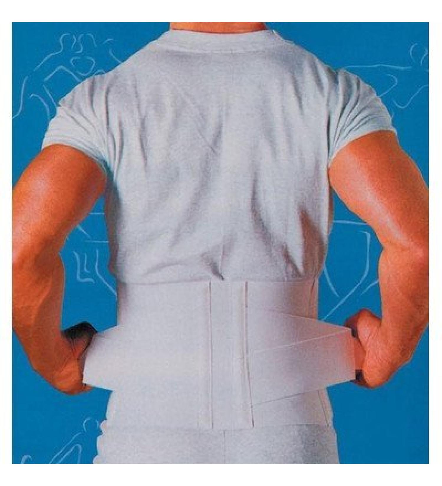 Person wearing a gray shirt with a white back brace against a blue background