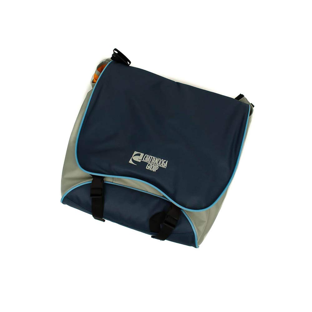 Blue and gray bag with a visible brand logo on a white background