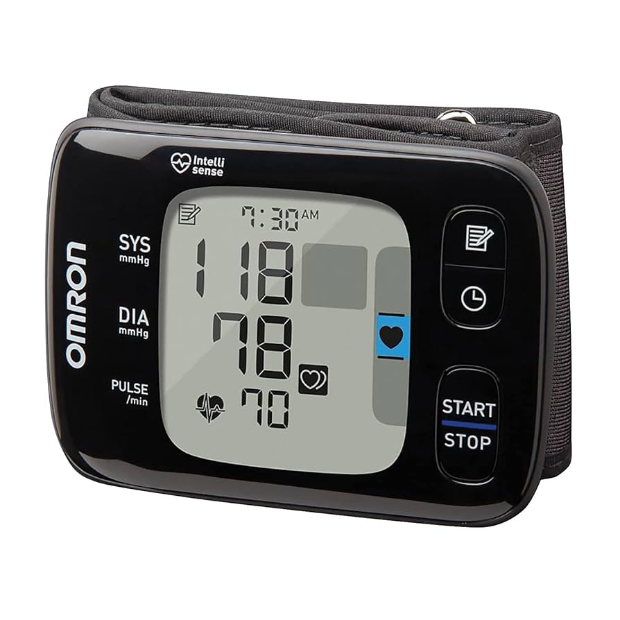 Omron blood pressure monitor on a white background