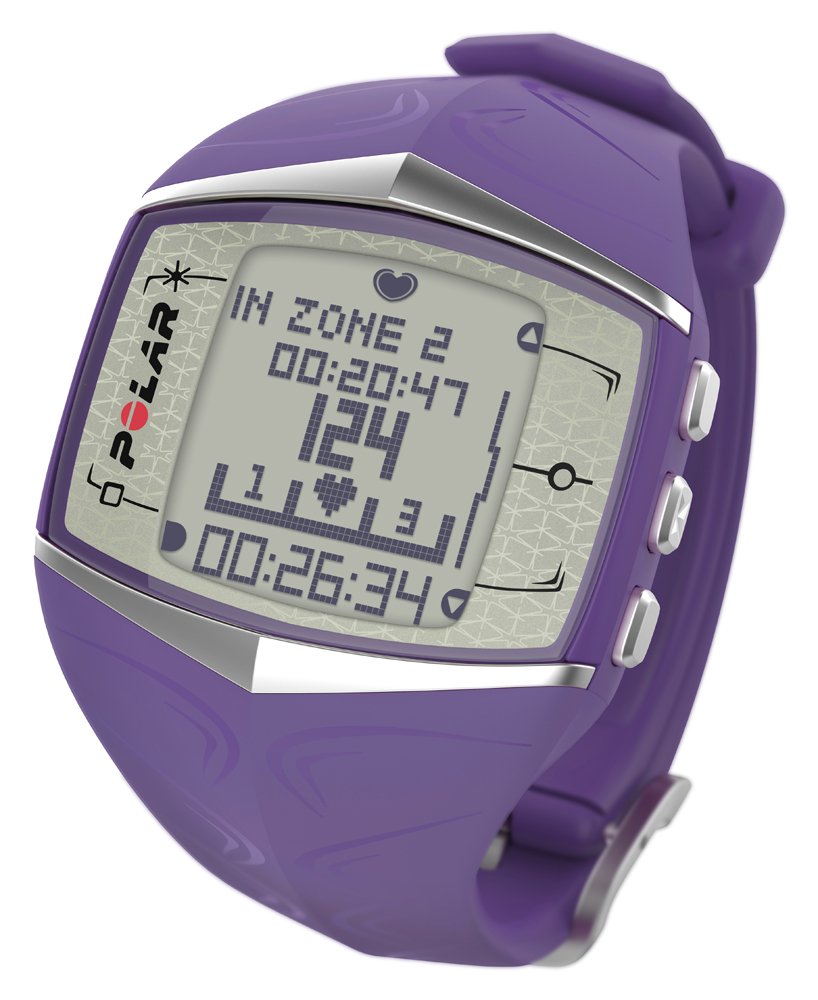 Purple digital watch with a clear face displaying heart rate and workout metrics on a white background