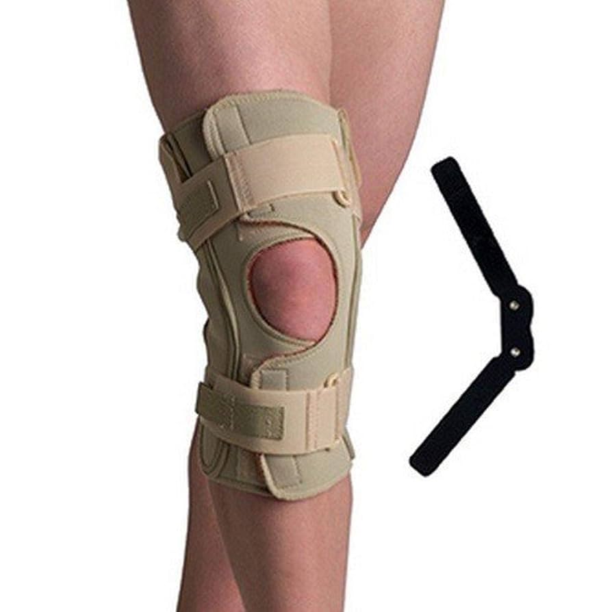 Beige knee brace on a person's knee with a close-up of the brace on a white background.