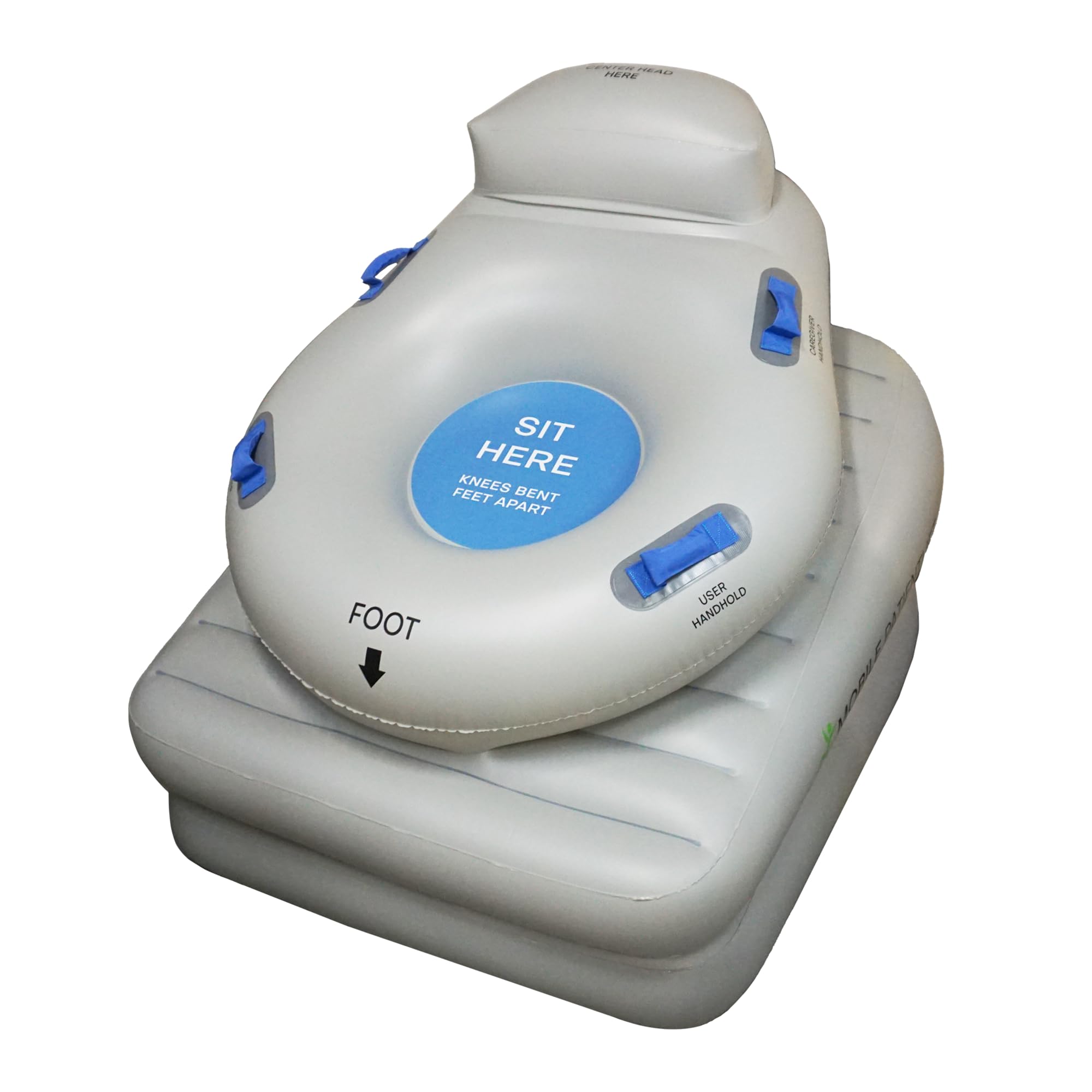 Inflatable seat with a blue label on a white background