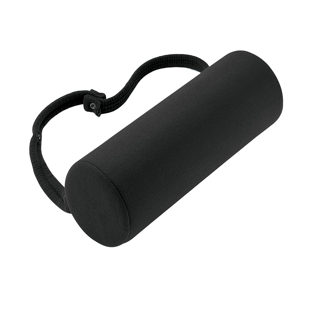 Black cylindrical foam roller with a handle on a white background