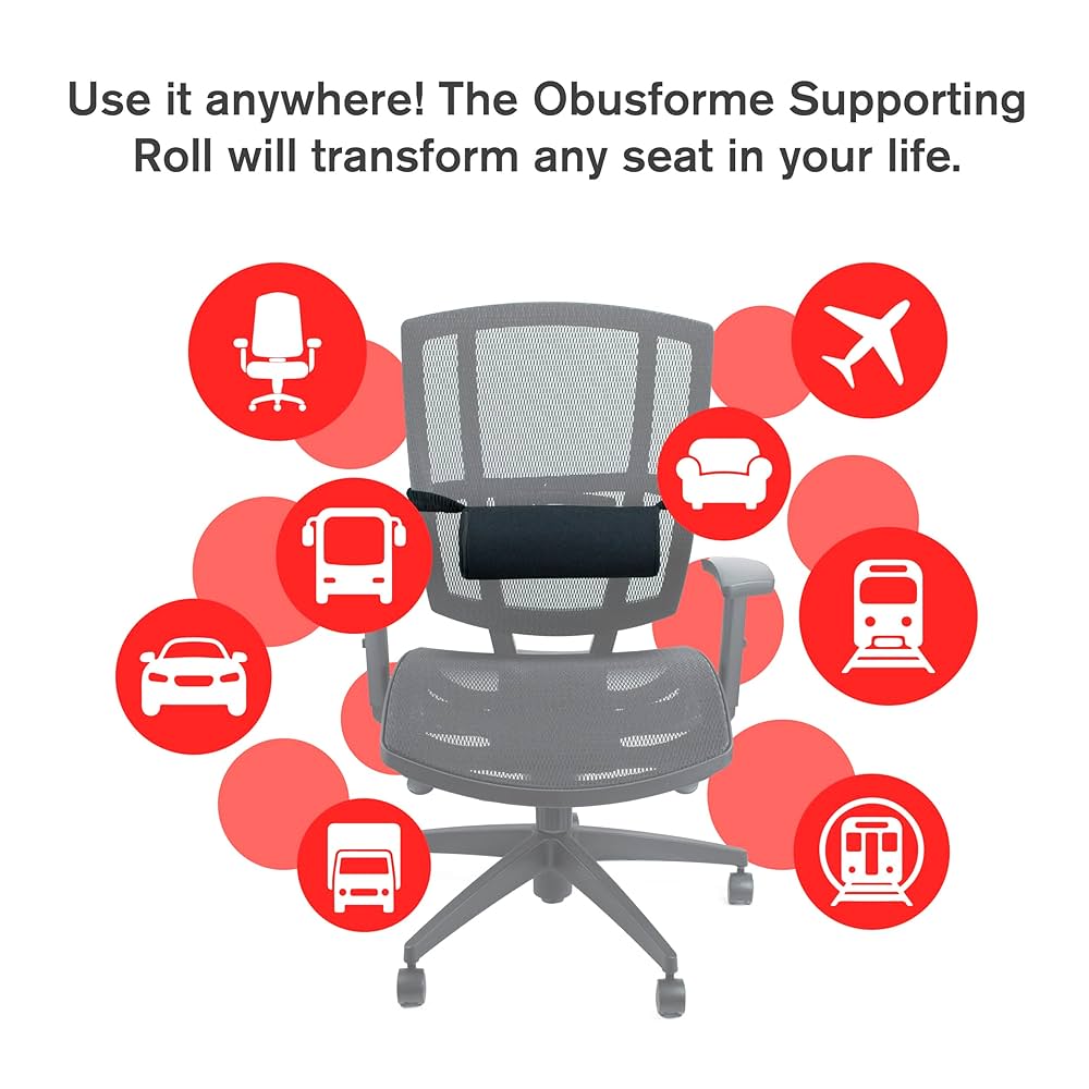 Gray office chair with a black cushion surrounded by icons of transportation modes on a white background.