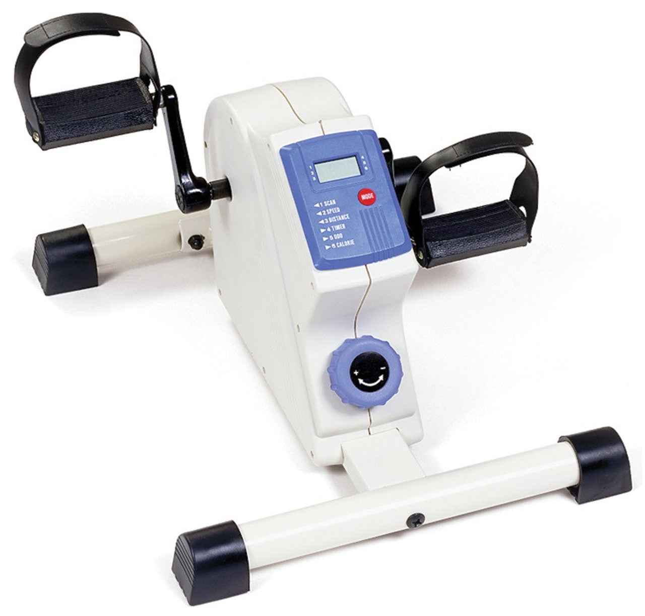 White exercise bike with digital display on a white background