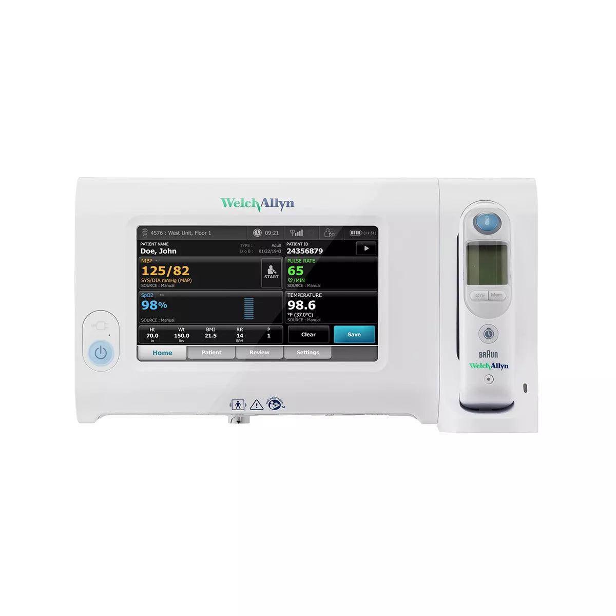 Medical device with digital display and handheld probe on a white background, featuring Welch Allyn branding.