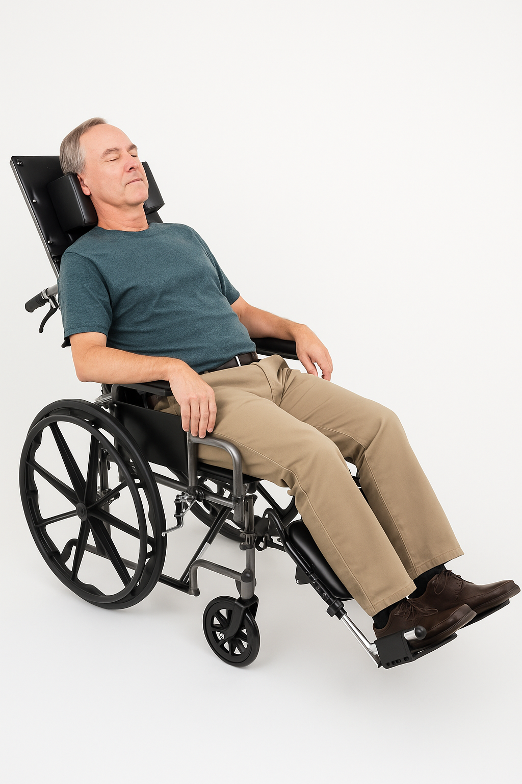 Man sitting in a wheelchair on a white background