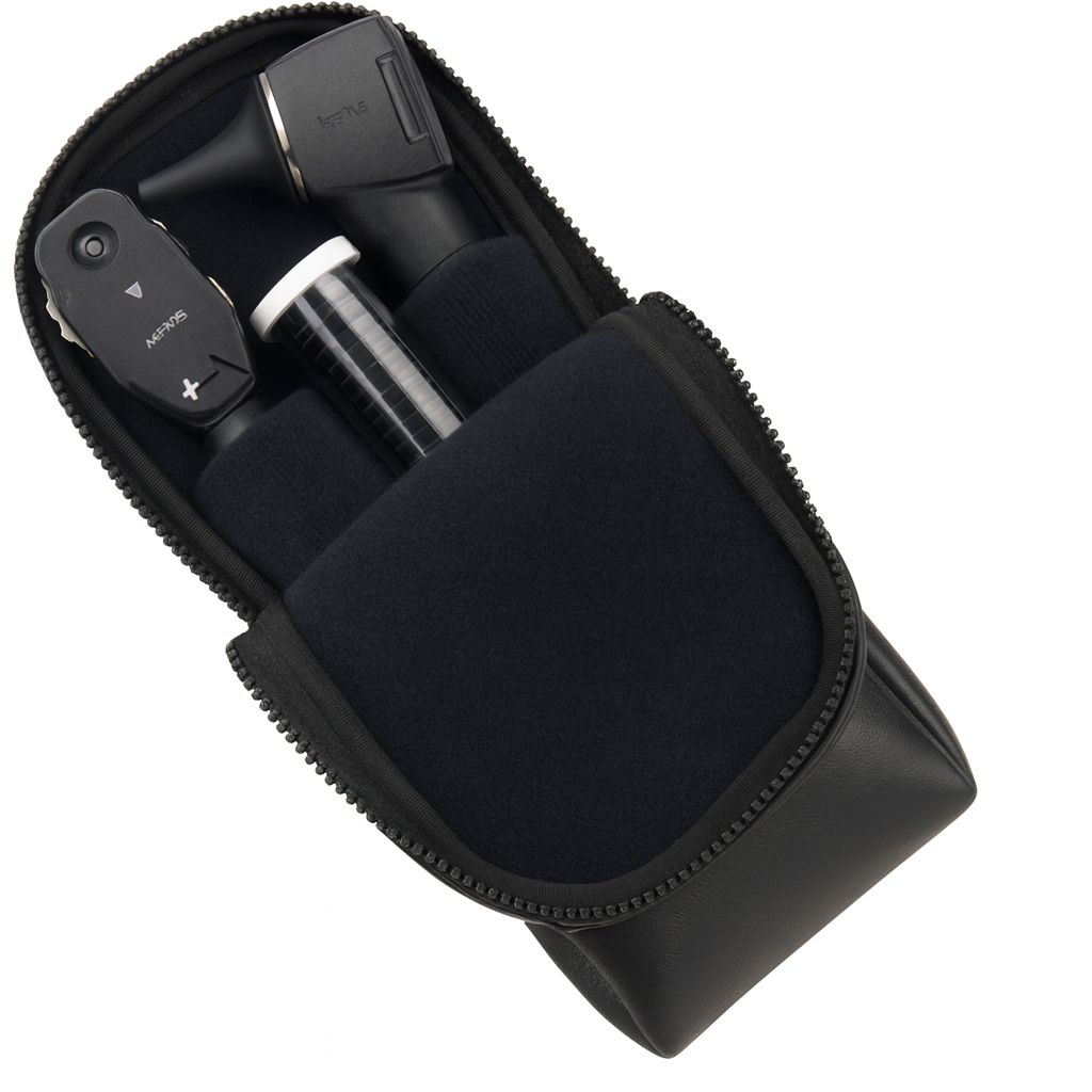 Black electronic device with attachments in a carrying case on a white background