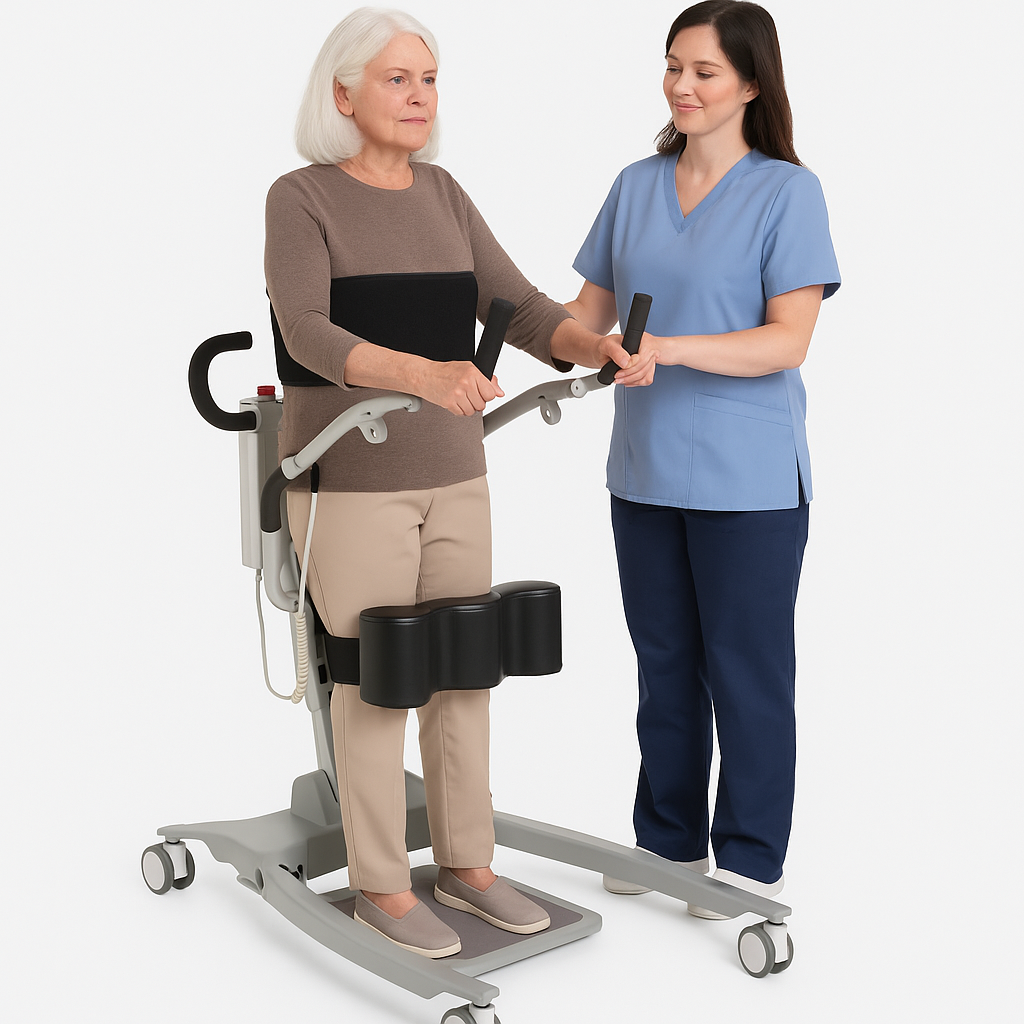 Woman using a standing aid with a healthcare professional assisting her on a white background