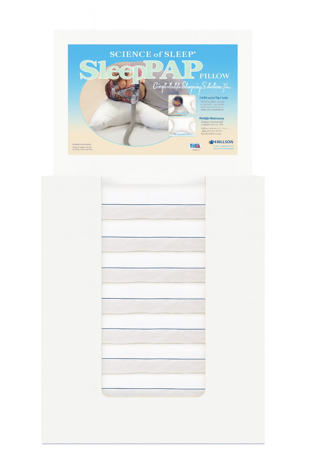 SleepPAP pillow packaging with a white pillow on a white background
