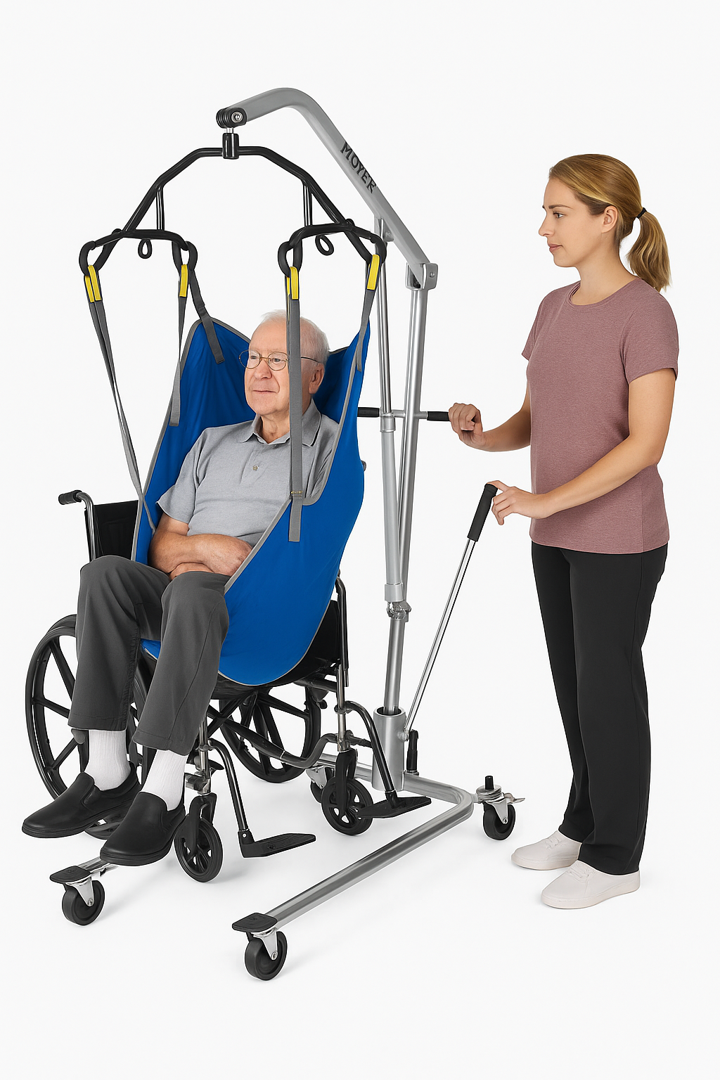 Person using a wheelchair lift with an elderly person inside on a white background