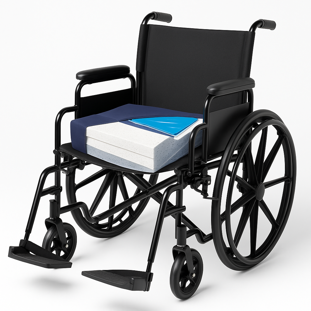 Wheelchair with a blue cushion on a white background