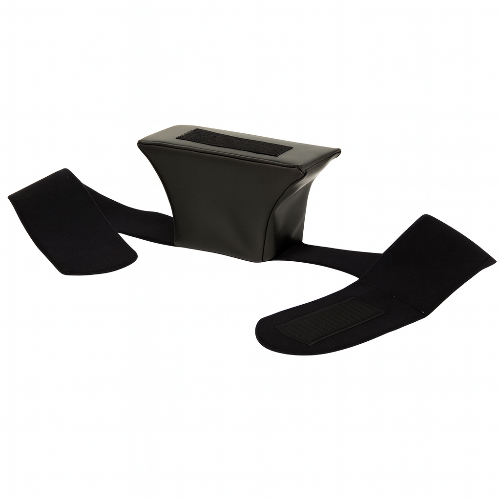 Black car seat cover with headrest and shoulder straps on a white background