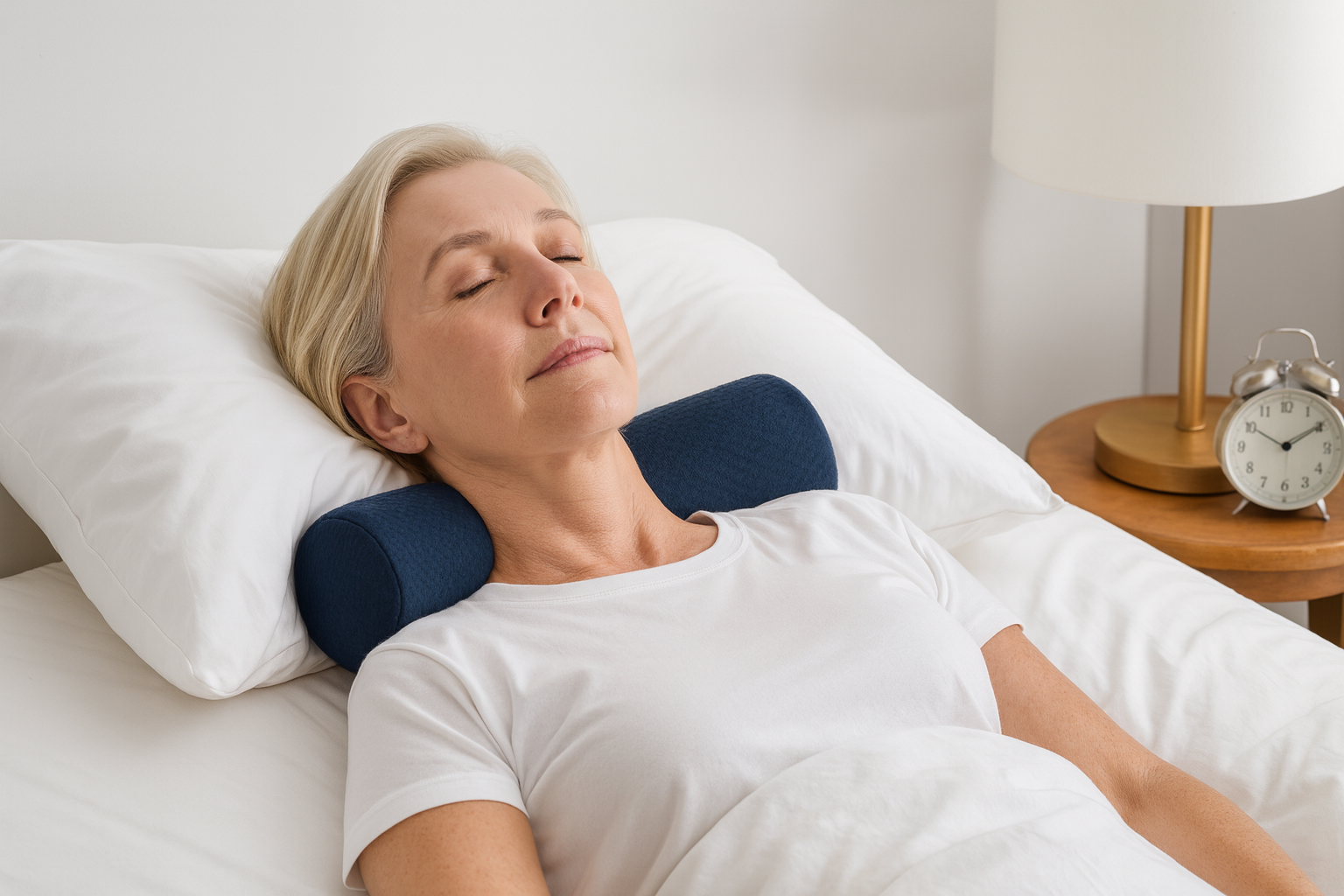 Woman lying in bed with a neck pillow, wearing a white shirt.