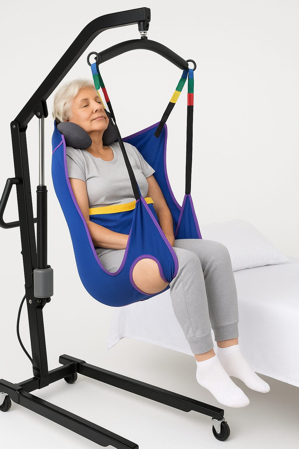 Woman using a blue medical lift chair with a white background