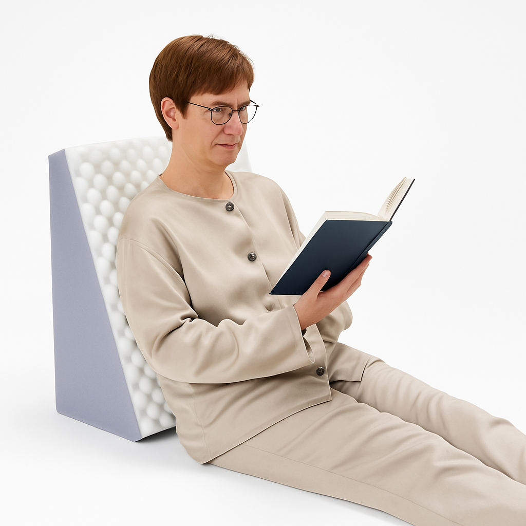 Person reading a book with a white pillow behind their back on a plain background