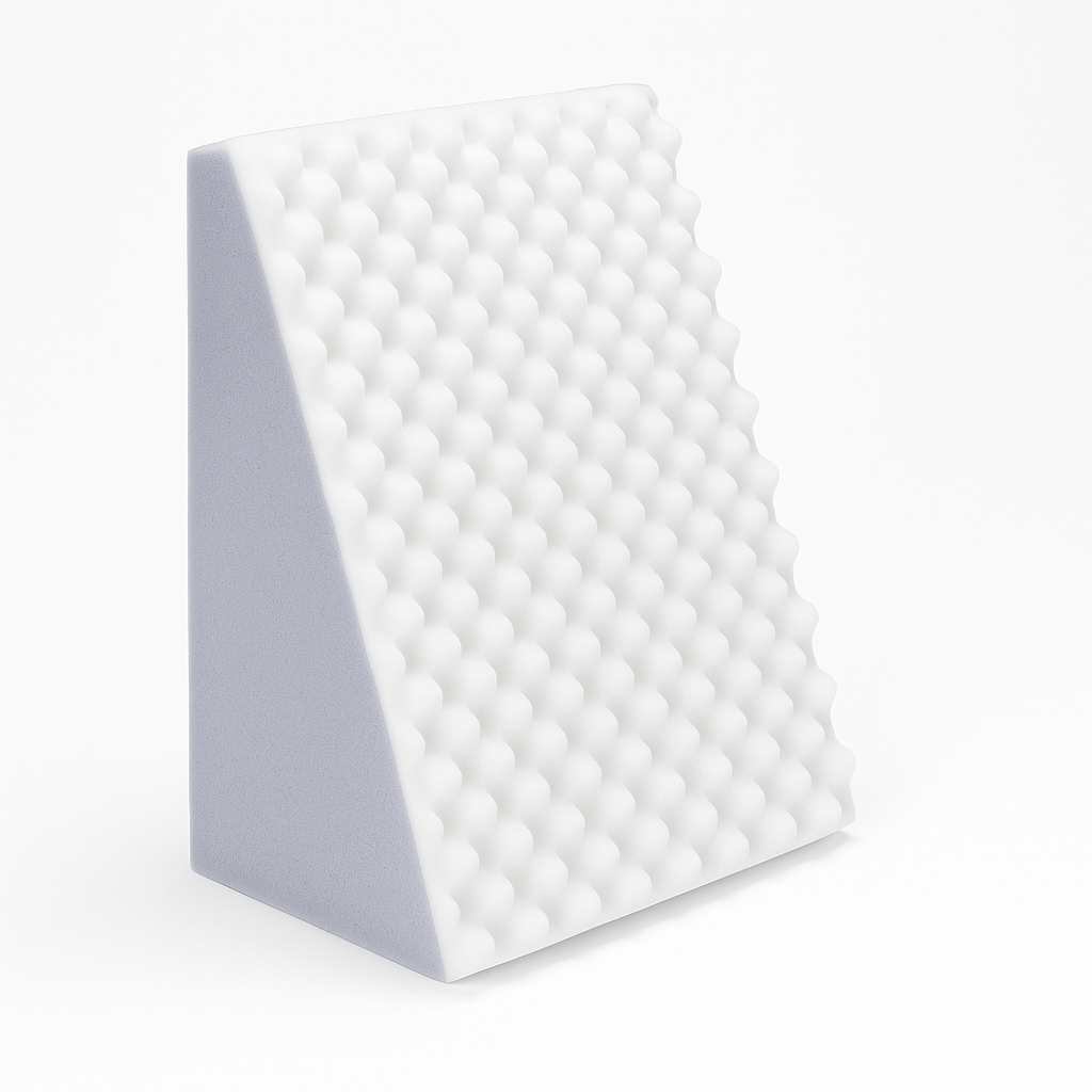 Dual Position Wedge Pillow with convoluted foam. Use as bed wedge or upright support. 22x19.75x10.5". Washable cover. Lightweight & breathable