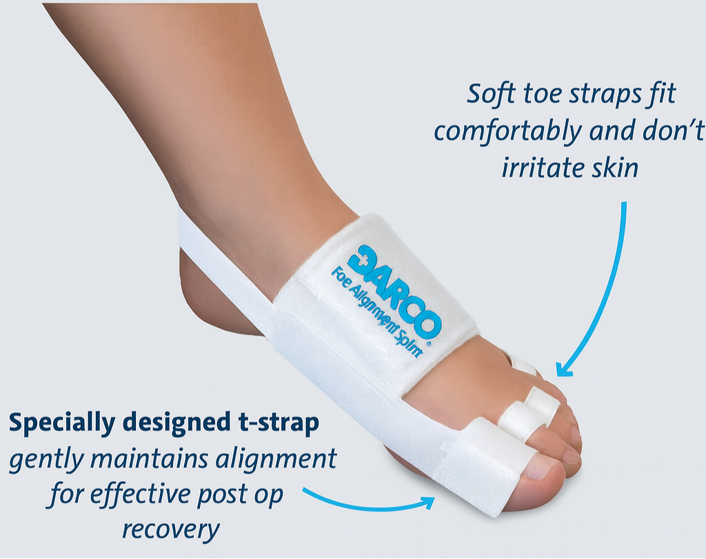 Foot with a white t-strap brace on a light gray background, featuring the brand 'BARCO'.