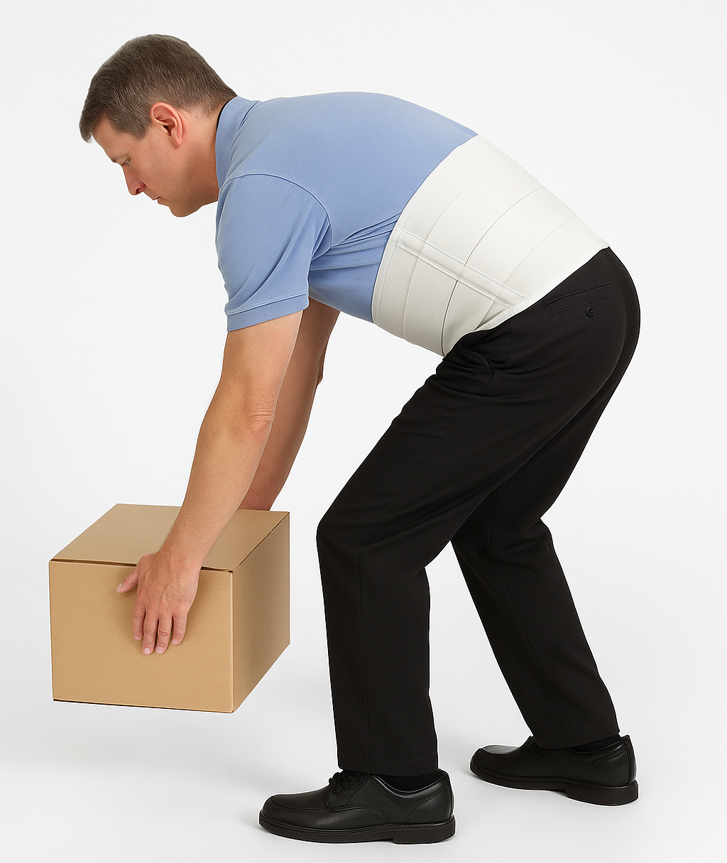 Man using a back support belt while lifting a box on a white background