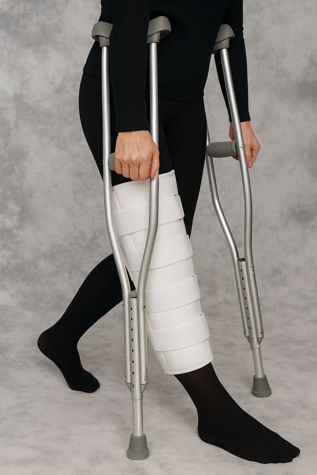 person walking with a brace on and crutches 