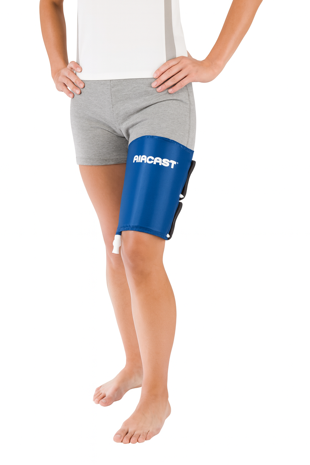 Person wearing a blue Aircast leg cast on a white background