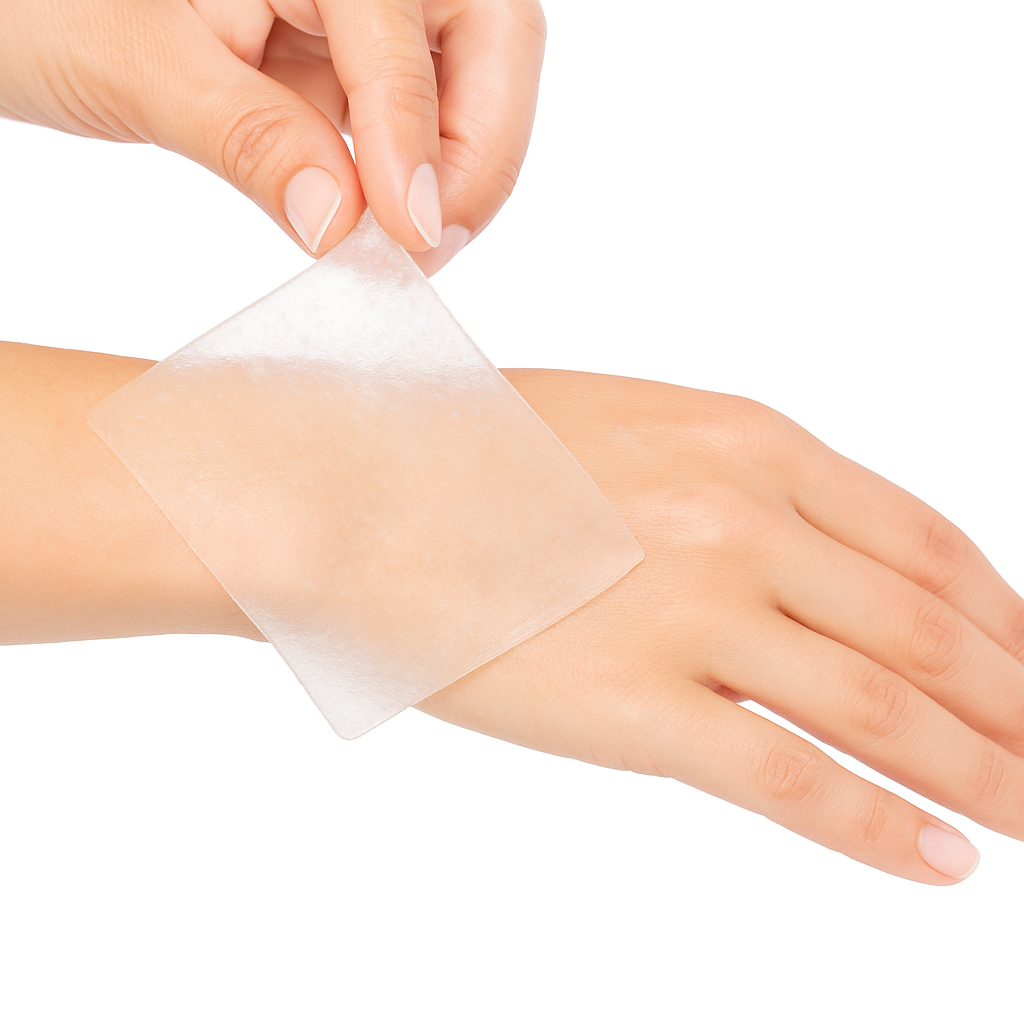 Hand applying a transparent adhesive patch on a white background