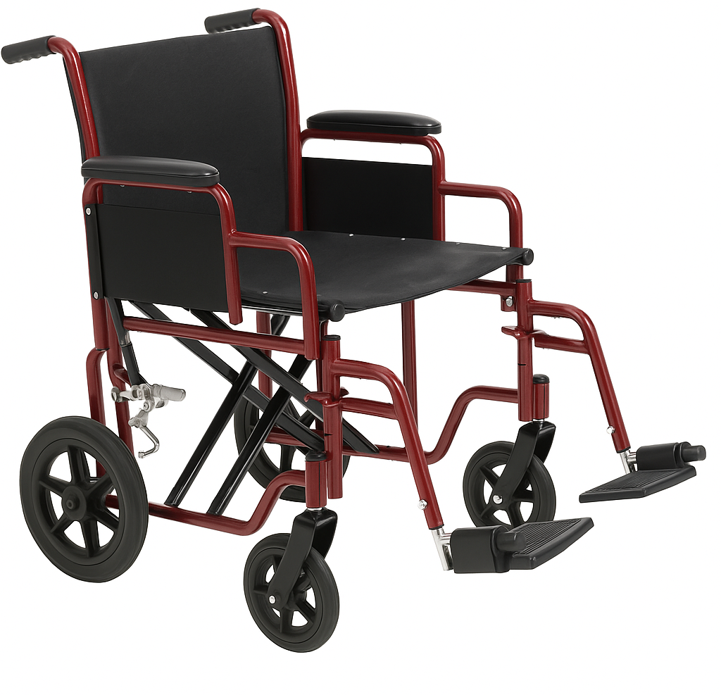 Red and black wheelchair on a white background
