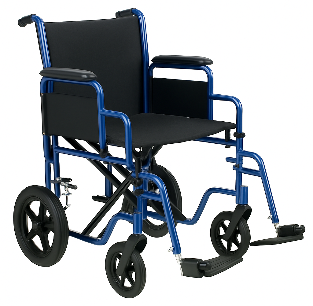 Blue wheelchair with black seat and wheels on a white background