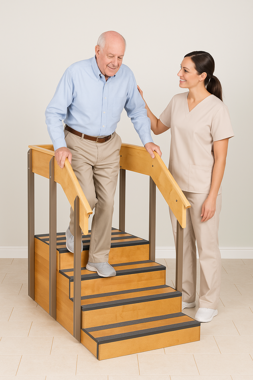 Man using a stairlift with a woman assisting him on a white background