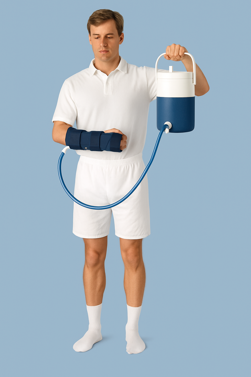 Man holding a blue and white exercise device against a light blue background