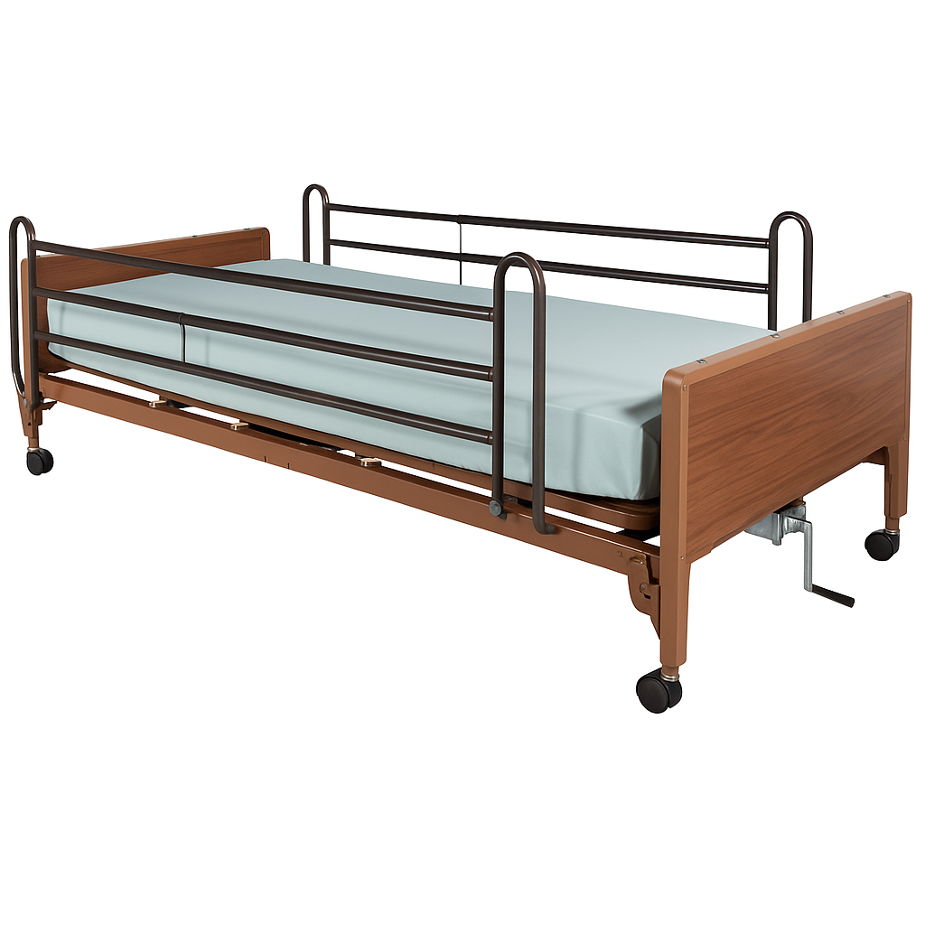 Wooden bed with metal frame on a white background