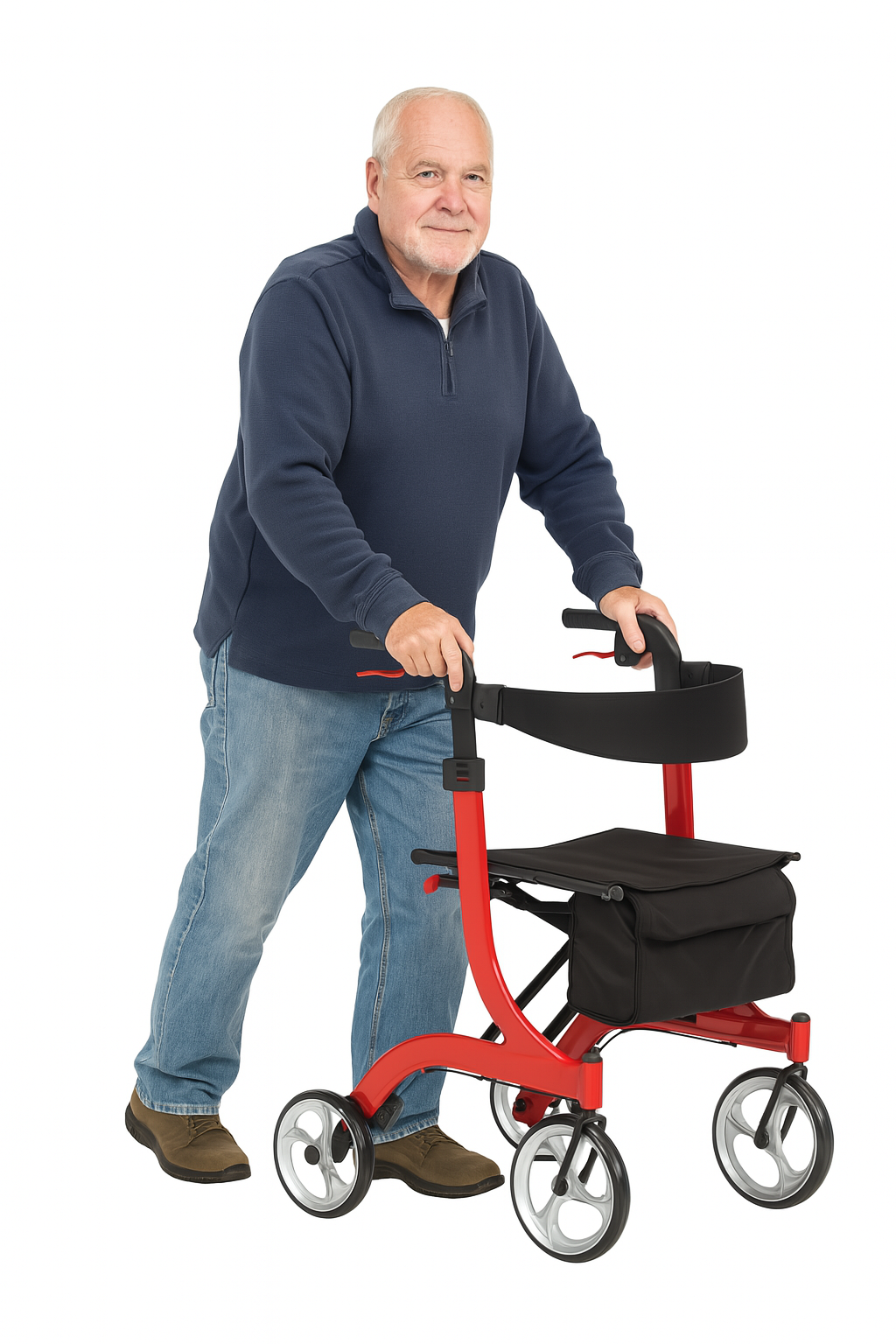 Man using a red rollator walker on a white background
