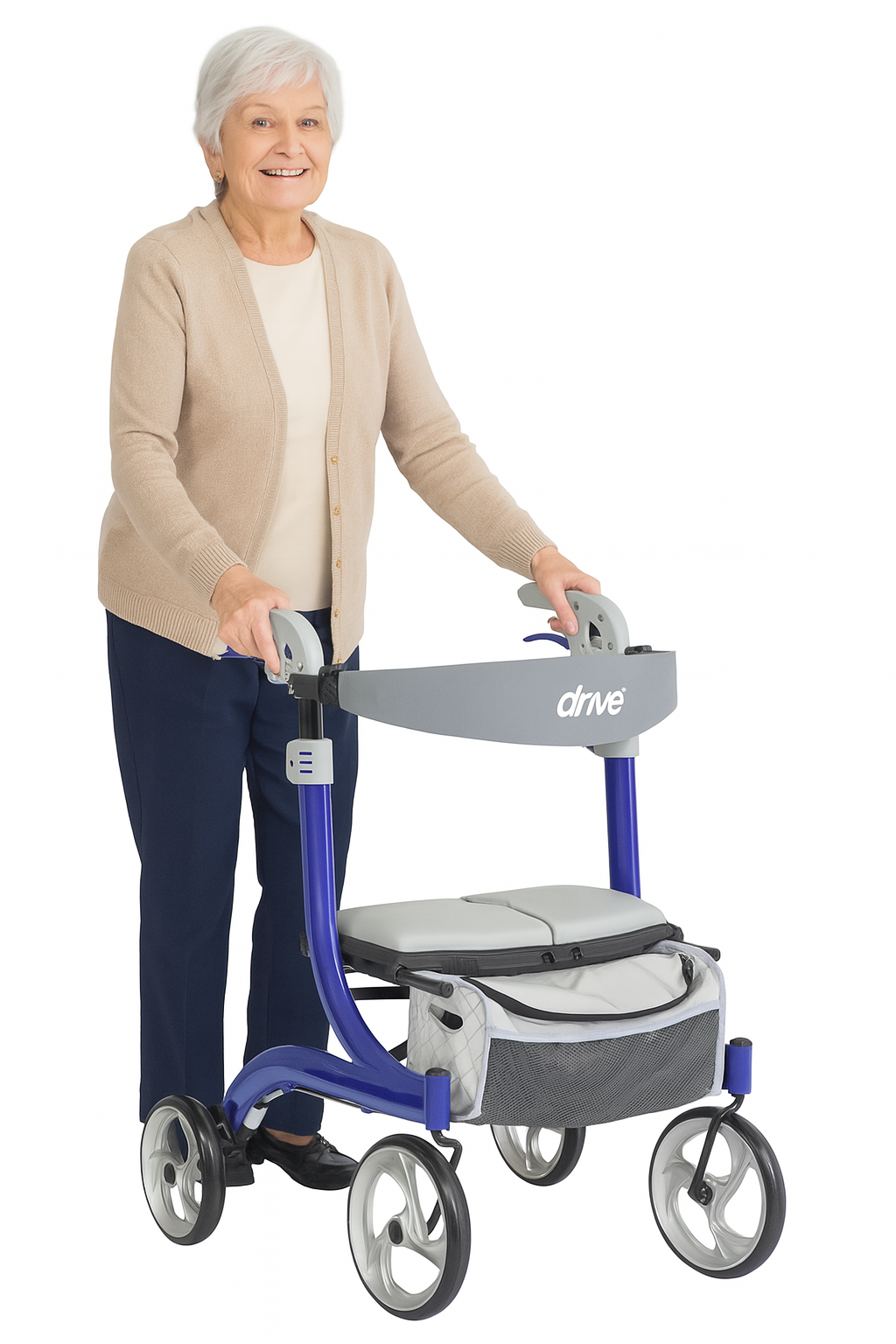 Woman using a Drive scooter on a white background