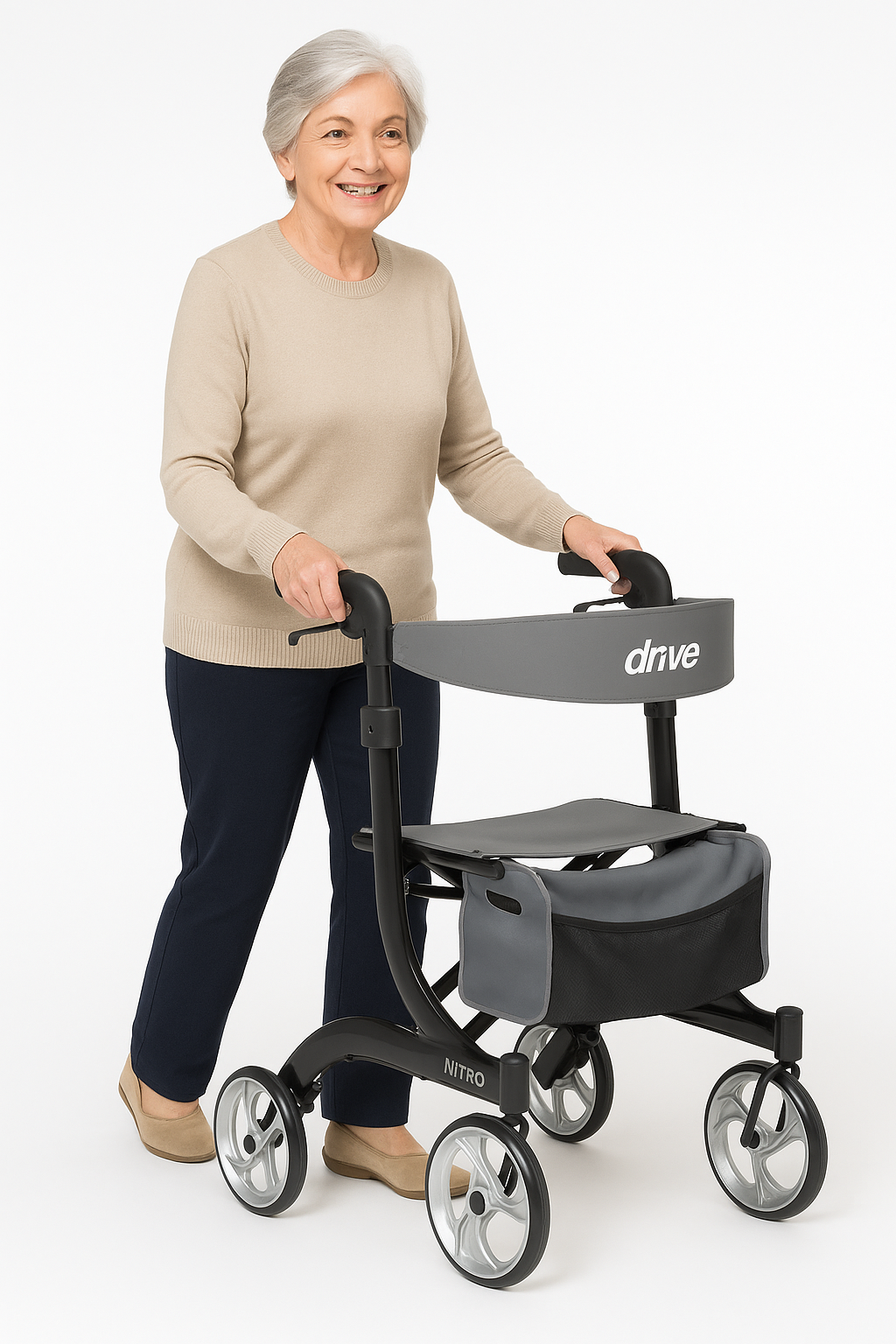 Woman using a rollator with 'Drive' branding on a white background