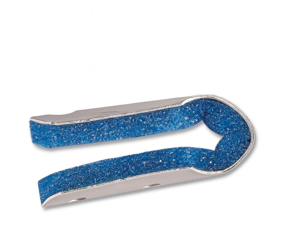 Fold-over finger splint with blue glittery band on a white background