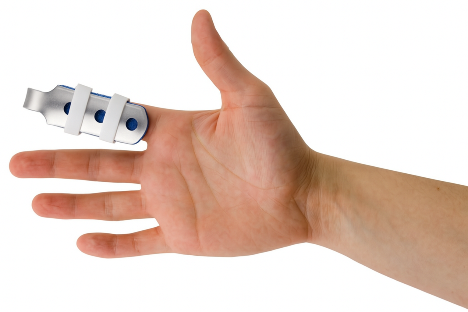 Fold-over finger splint with blue glittery band on somone hand 