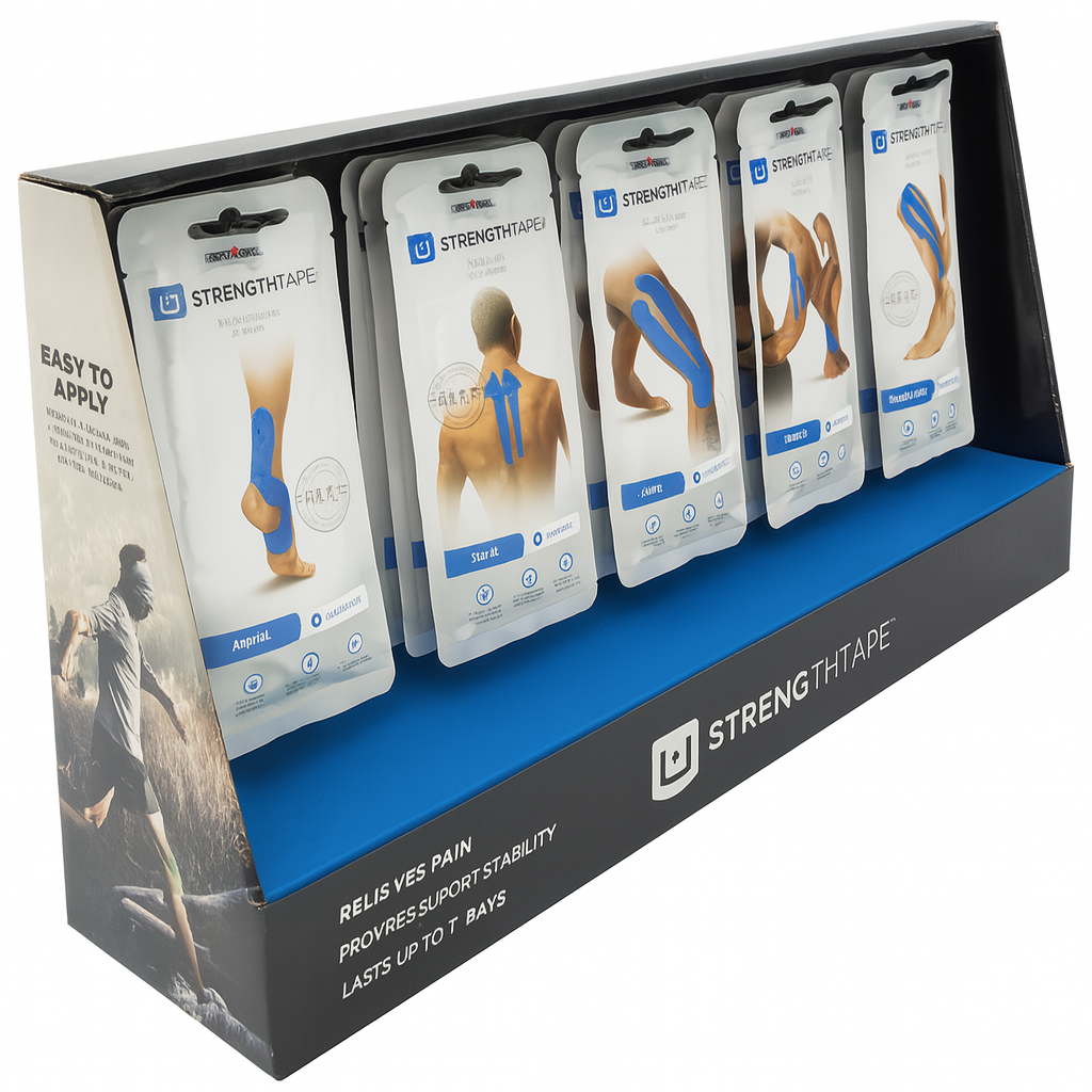 Display of Strength Tape packages with branding and product information.