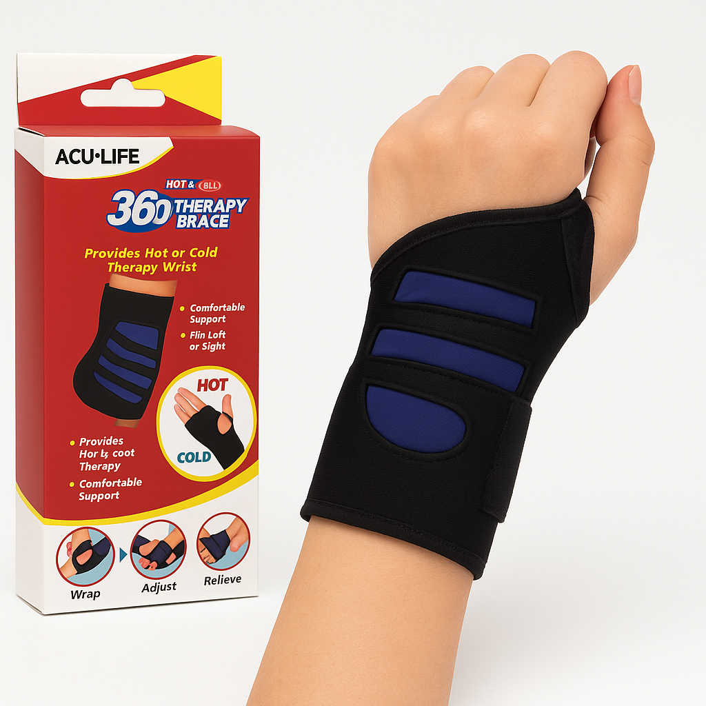 Black wrist brace with blue accents on a hand, next to its packaging labeled 'ACU-LIFE 360 Therapy Brace'.