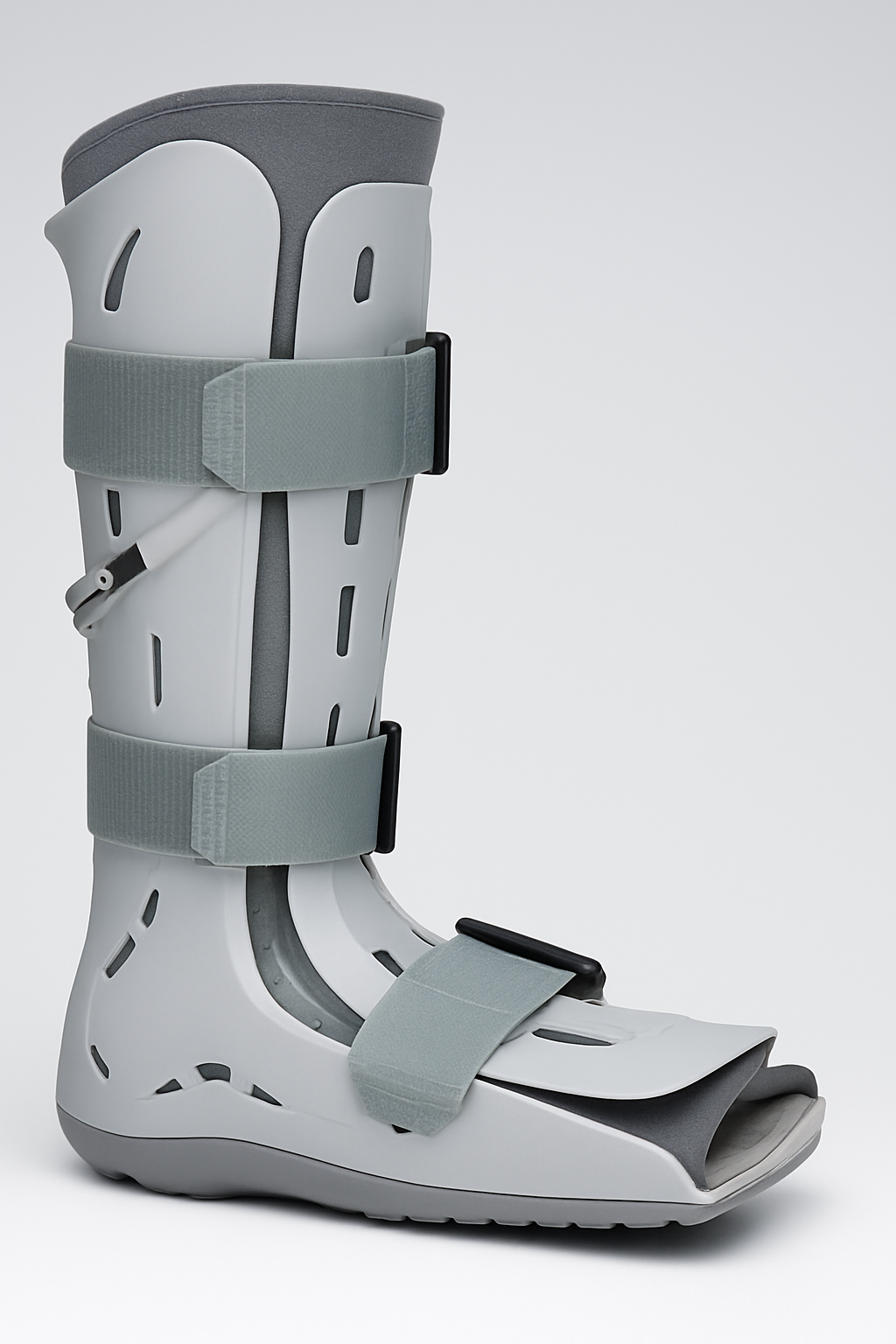 Gray orthopedic boot with multiple straps on a white background