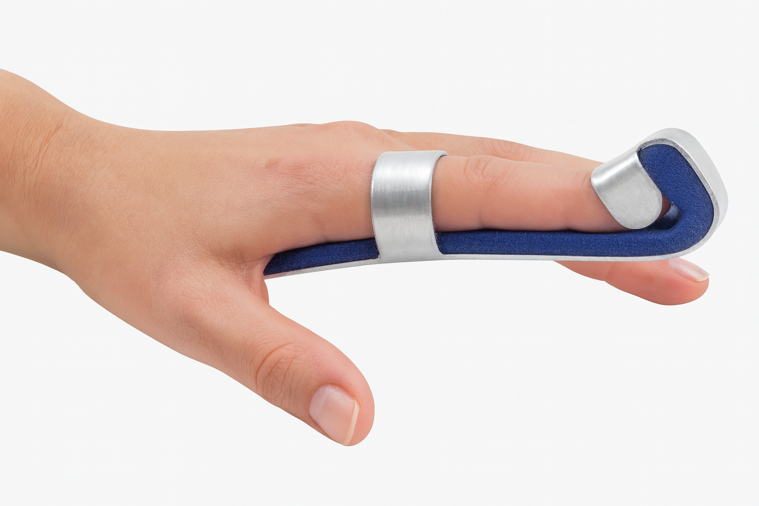 Hand wearing a blue and silver splint on a white background