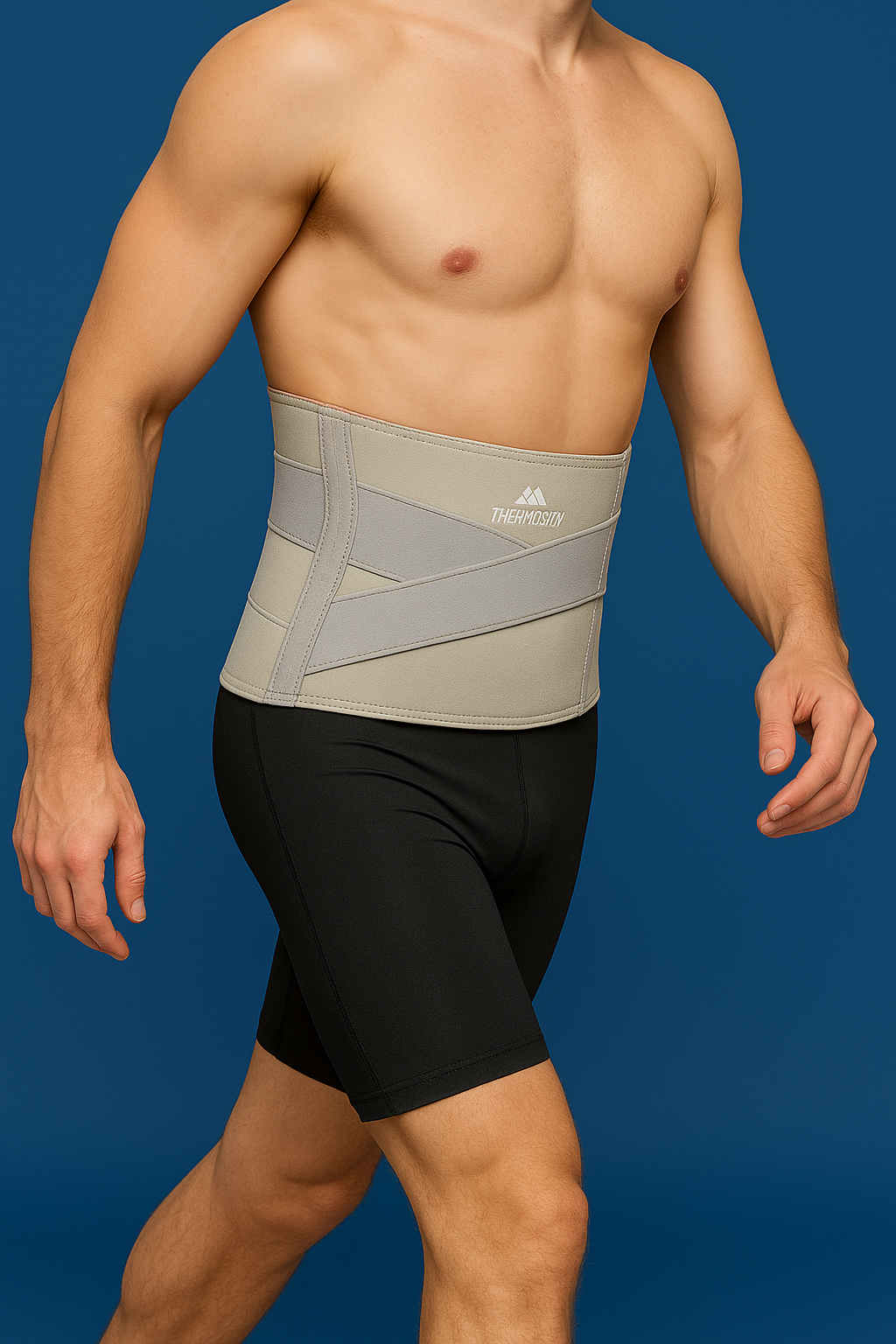 Man wearing a gray compression wrap on his torso against a blue background