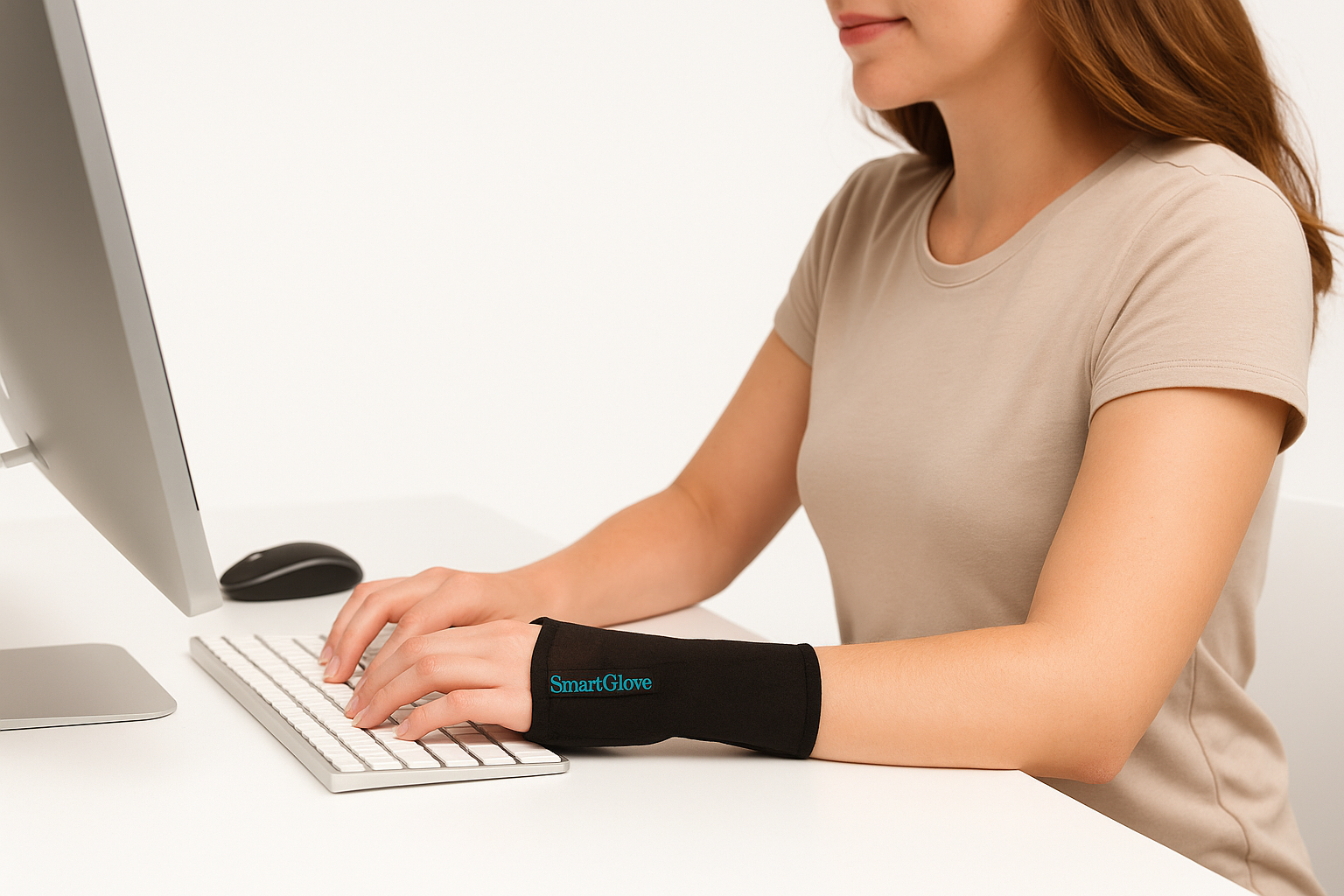 Person using a computer with a wrist brace labeled 'SmartGlove' on a white background
