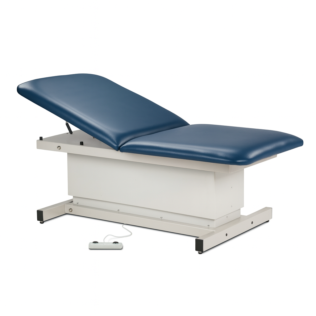 Blue therapy table with white base on a white background