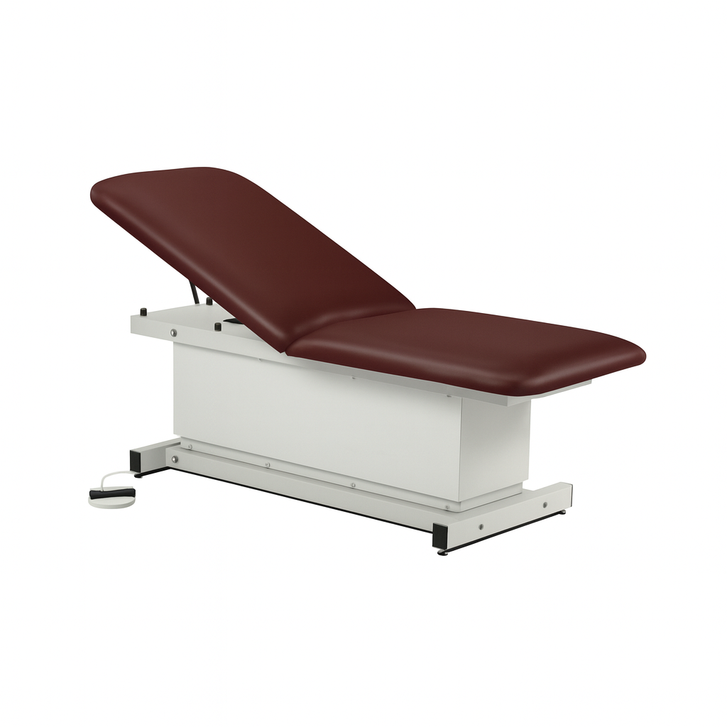 Medical examination table with brown cushioned surface on a white background