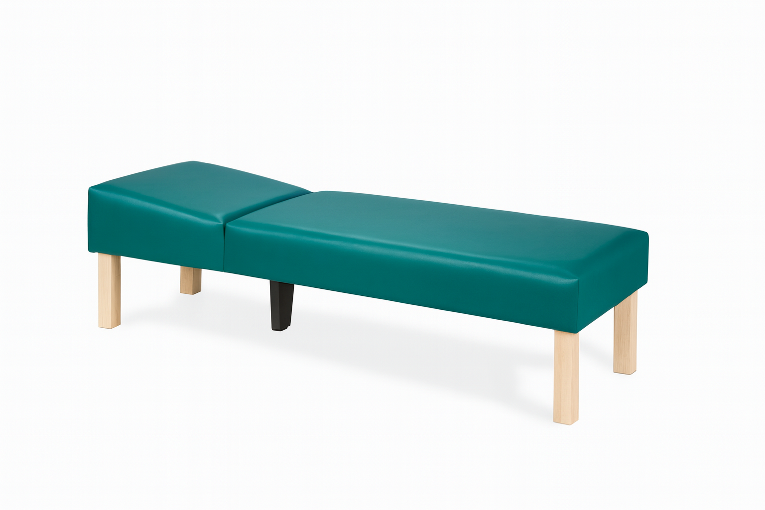 Teal bench with wooden legs on a white background