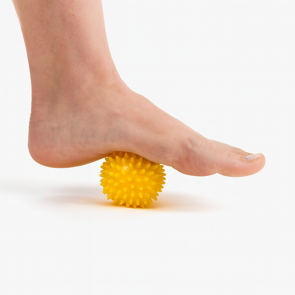 Person using a yellow massage ball on their foot against a white background