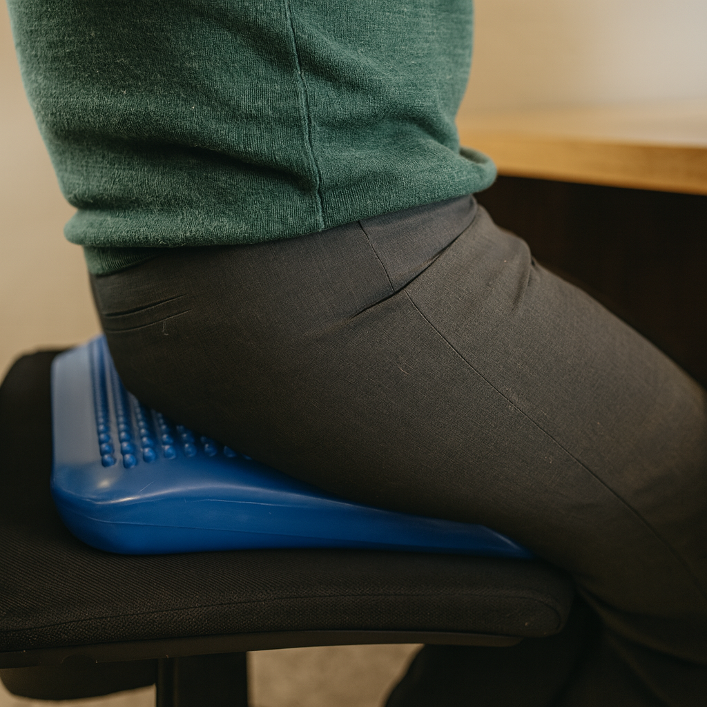 Person using a blue footrest on a chair with a blurred background