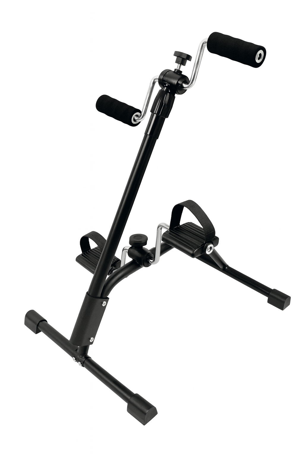 Black exercise bike frame with handlebars on a white background
