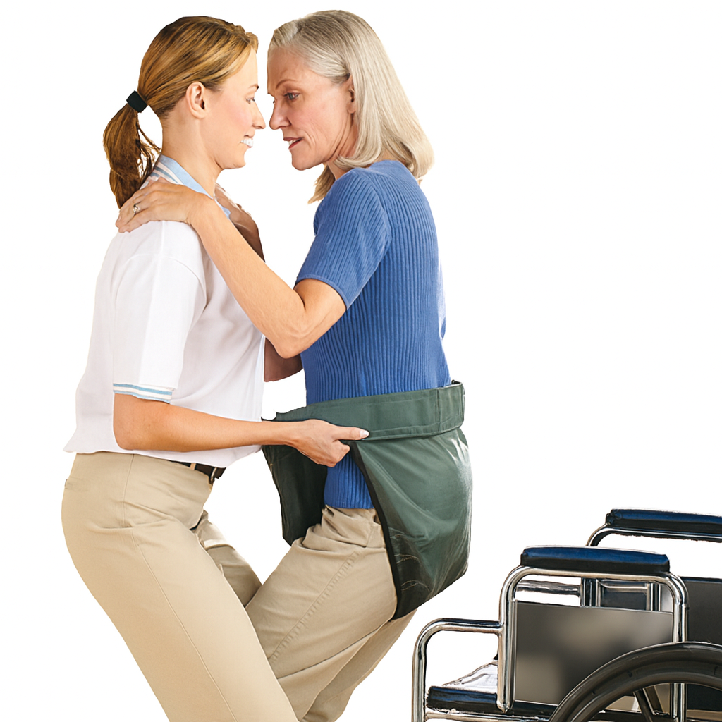 Two women with a green support belt over a white background