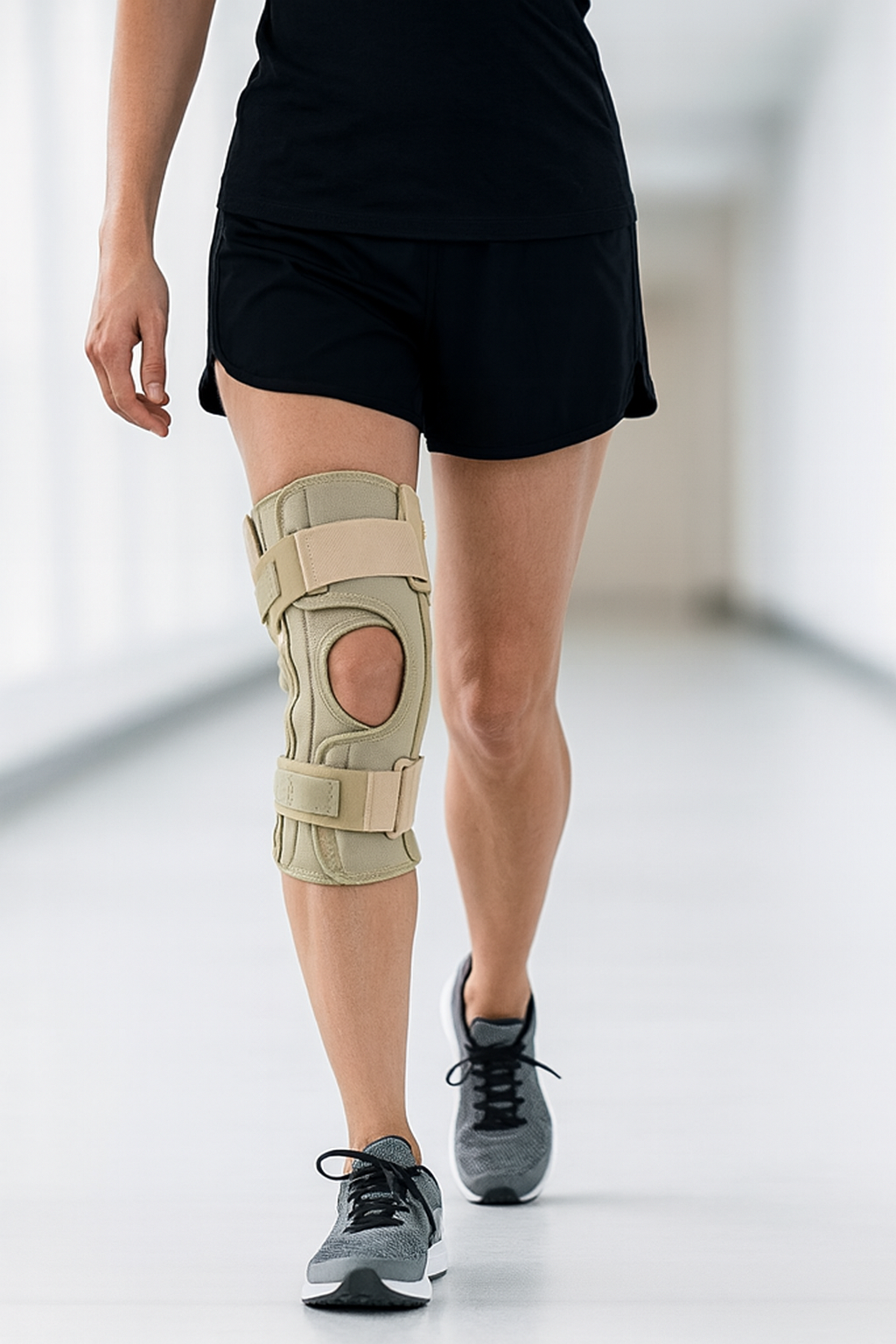 Person wearing a knee brace on a blurred indoor background